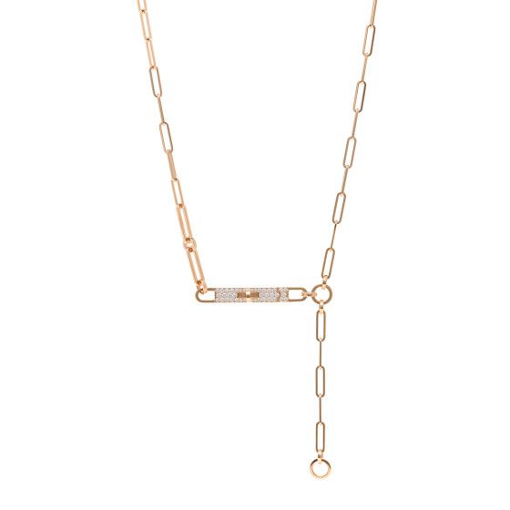 This is an authentic HERMES 18K Rose Gold Diamond Pave PM Kelly Chaine Lariat Necklace ST. The necklace is crafted of 18 karat rose gold and features elongated links chain and the signature Kelly turn lock clasp pave-set with round brilliant cut diamonds weighing approximately .62 total carat weight. Luxury Chain Lariat Necklace For Formal Occasions, Luxury Lariat Necklace With Delicate Chain, Luxury Lariat Necklace With Chain, Elegant Link Chain Lariat Necklace, Elegant Gold Chain Link Lariat Necklace, Elegant Lariat Necklace With Link Chain, Elegant Lariat Link Necklace, Luxury Rose Gold Chain Necklace With Adjustable Chain, Rose Gold Lariat Chain Necklace With Adjustable Chain