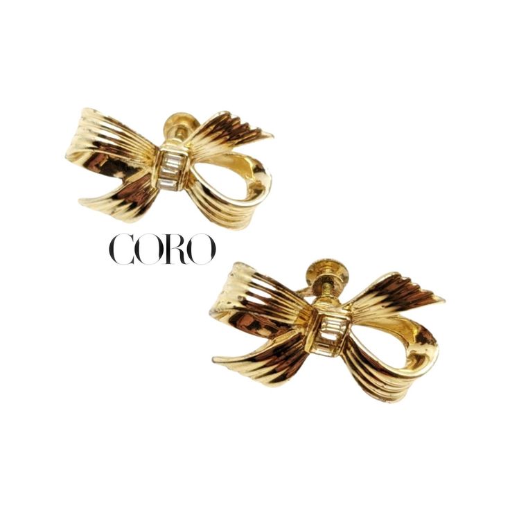 "Vintage CORO Signed 1940s GOLD Plate Bow Screw Back Rhinestone Earrings- Vintage Collectible Costume Jewelry - Gift Idea for Her These Sweet little earrings would make a lovely gift for the vintage Coro collector or buy for yourself to start or add to your vintage costume jewelry collection. MEASUREMENTS: 3.2 cm Length x 2 cm (widest point) Back stamped \"CORO\" in script on the back of the Screw Head.  Excellent almost new condition with very light wear (expand pics to see close-up detail) The Curated Vintage, Earrings Vintage, Rhinestone Earrings, Small Accessories, Vintage Costume Jewelry, Accessories Store, Buying Jewelry, Clear Rhinestones, Vintage Costumes