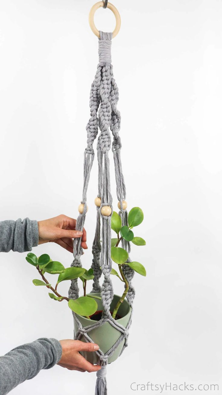 a person holding a potted plant in front of a white background with text overlay that reads diy macrame hanging plant holder