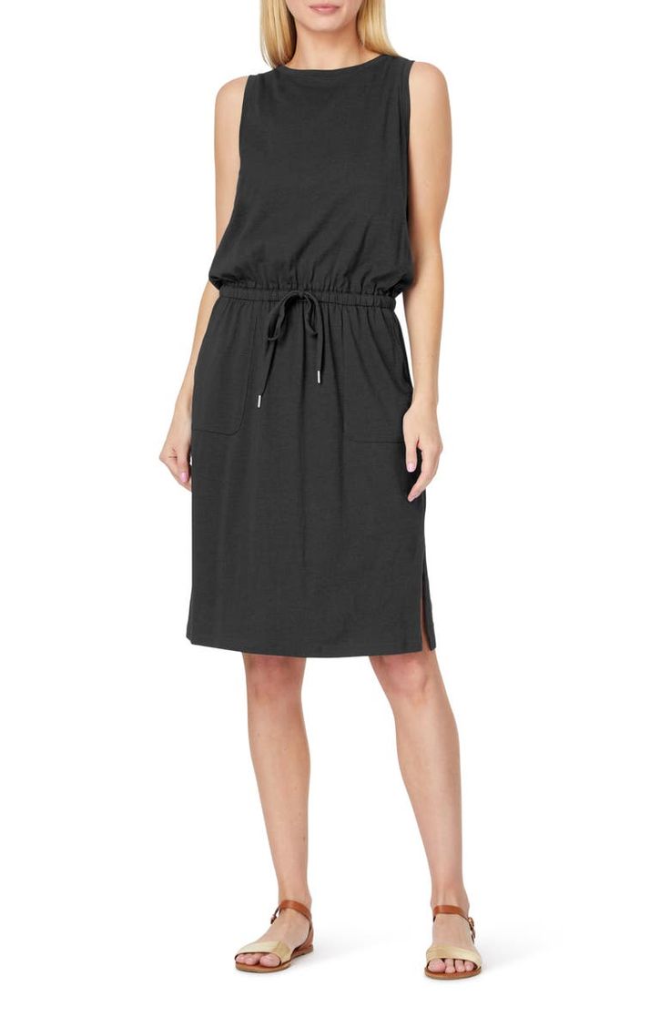 C & C California Ira Sleeveless Cotton Blend Drawstring Belt Dress | Nordstromrack Casual Stretch Sleeveless Dress For Day Out, Casual Black Dress With Drawstring, Black Casual Dress With Drawstring, Casual Solid Midi Dress With Gathered Waist, Casual Black Dress With Fitted Waist, Casual Sleeveless Knee-length Stretch Dress, Casual Sleeveless Midi Dress With Tie Waist, Casual Stretch Sleeveless Knee-length Dress, Knee-length Midi Dress With Drawstring