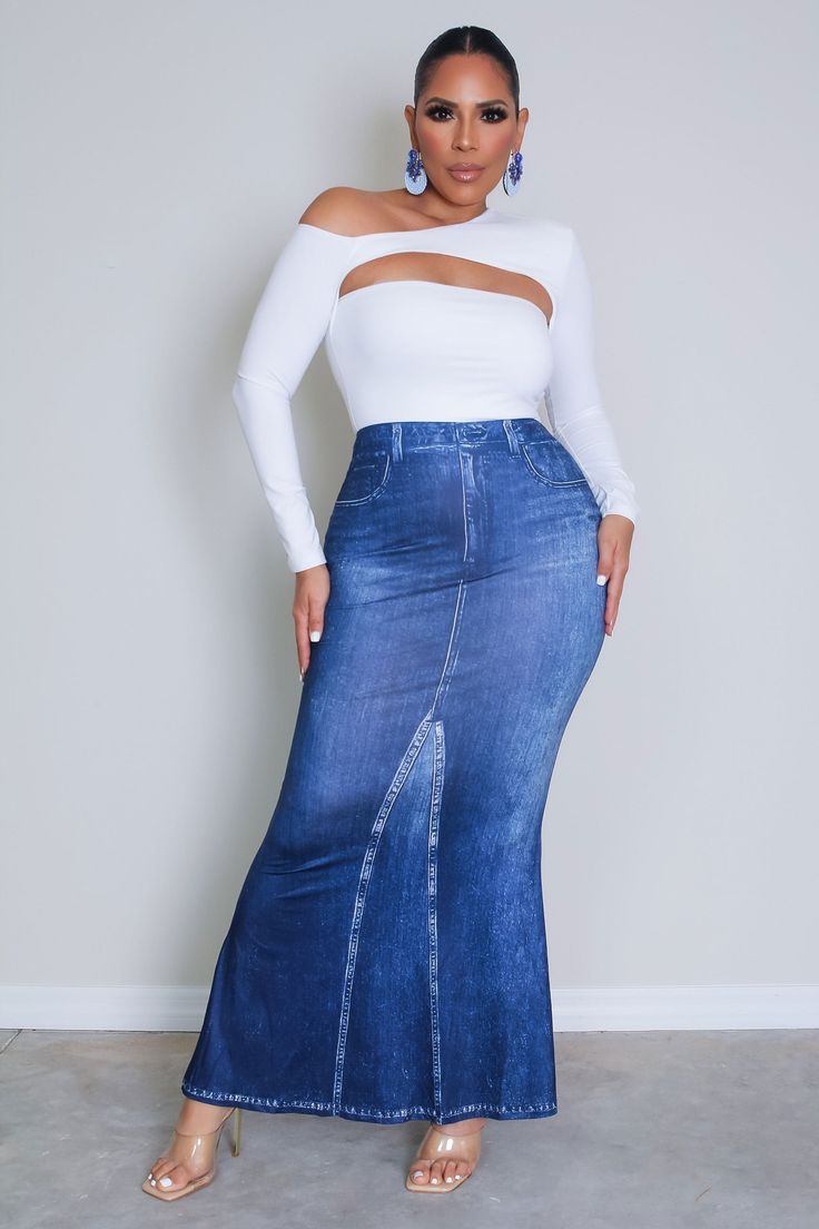 Elevate your casual look with our Melanie Denim-Effect Print Mermaid Hem Skirt. This maxi skirt features a plain pattern with a denim-like print, adding a touch of casual sophistication to your outfit. Crafted from knitted fabric, it offers both comfort and style. With a high waistline and mermaid hem, it accentuates your figure while maintaining a trendy silhouette. The skinny fit design adds a modern twist, making it perfect for everyday wear. Pair it with your favorite top for a chic and effo Chic Stretch Denim Blue Skirt, Full-length Denim Blue Maxi Skirt, Denim Blue Full-length Maxi Skirt, Full Length Denim Blue Maxi Skirt, Dark Wash Denim Maxi Skirt, Fitted Dark Wash Denim Maxi Skirt, Blue Denim Full-length Maxi Skirt, Trendy High Waist Stretch Maxi Skirt, Trendy Long Non-stretch Denim Skirt