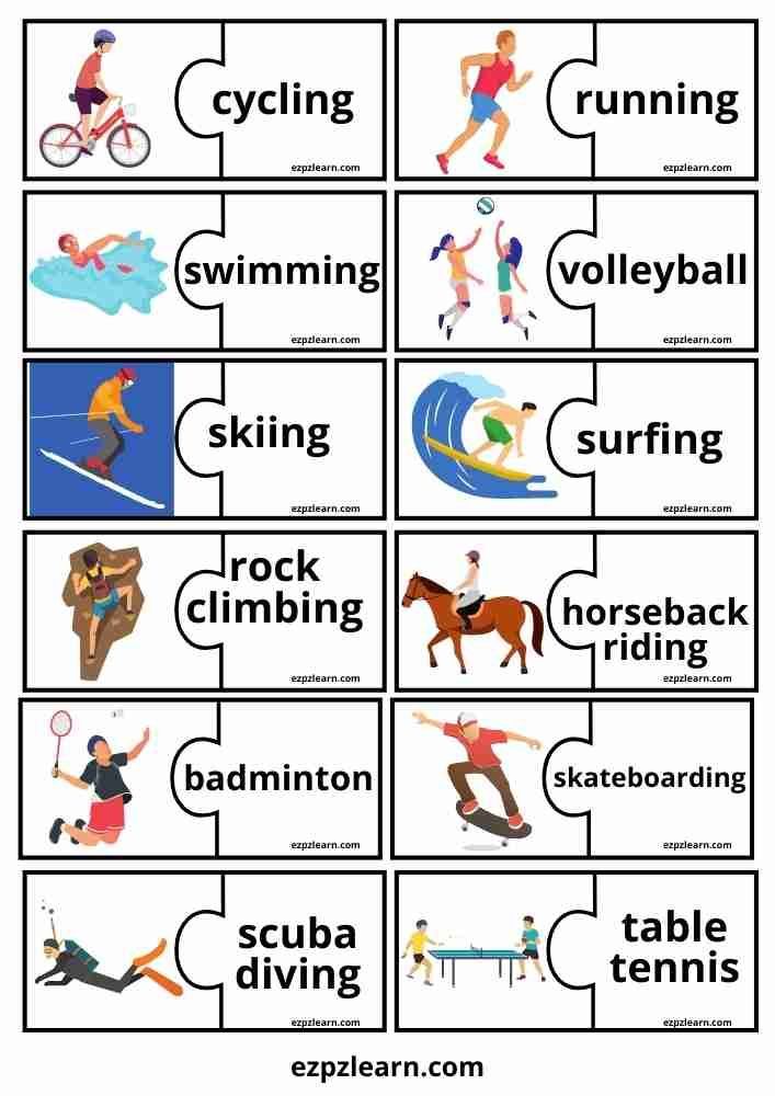 the words in english are used to describe different sports and water activities, including swimming, surfing