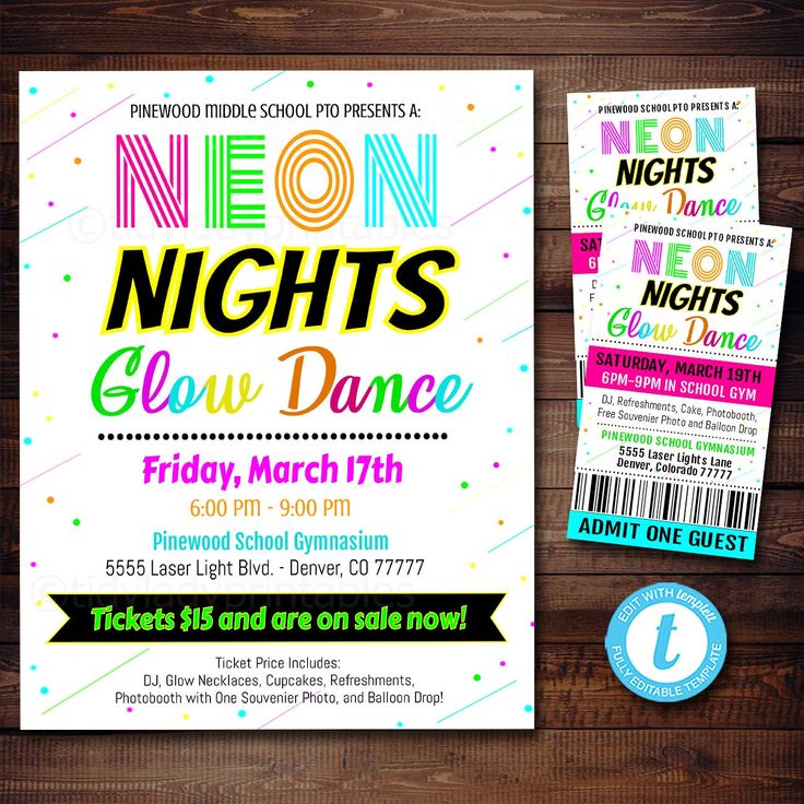 the neon nights glow dance flyer is shown on a wooden table with two tickets and a ticket