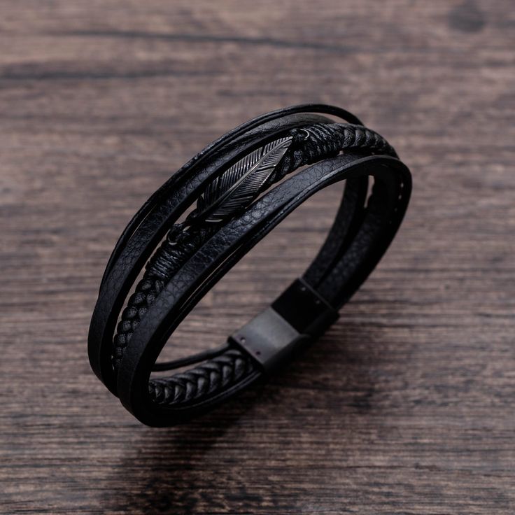 Material: Leather Fashion Element: Feather Style: Personality Feather Fashion, Custom Signature, Black Punks, Trending Bracelets, Mens Braids, Id Bracelets, Mens Leather Bracelet, Bracelet Cuir, Layered Bracelets