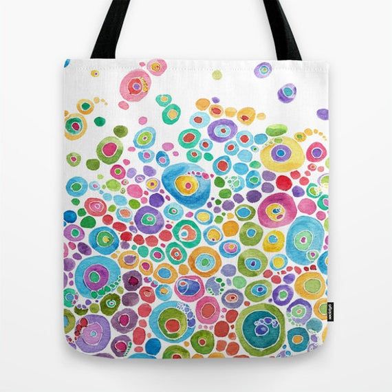 "Colorful Tote Bag ly This happy, bubbly design is based on a watercolor painting. \"Inner Circle\" has become a symbol of happiness and joy! I hope this design brings a smile to your face. My top quality crafted Tote Bags are sewn in America using durable, yet lightweight woven, poly poplin fabric. The seams are double stitched for durability. They are washable and have my original artwork on both sides. The double straps are 1\" wide sturdy cotton webbing. They are large and roomy inside with Multicolor Hand Painted Bags For Daily Use, Playful Multicolor Shoulder Bag Gift, Playful Multicolor Shoulder Bag As Gift, Multicolor Hand Painted Shoulder Bag For Daily Use, Daily Use Multicolor Hand Painted Bags, Multicolor Hand Painted Tote Bag, Playful Multicolor Bags For Daily Use, Blue Hand Painted Bag For Gift, Green Hand-painted Bag As Gift