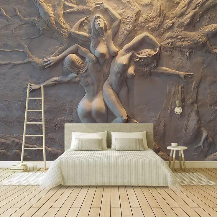 a bed room with a large mural on the wall and a ladder in front of it