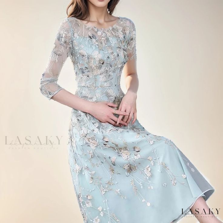 Lasaky - Elegant Lace Floral Embroidered Long Evening Gown Elegant Spring Gown With Intricate Embroidery, Long Sleeve Evening Dress With Floral Embroidery For Banquet, Long Sleeve Embroidered Gown For Spring, Spring Embroidered Floor-length Evening Dress, Spring Formal Gown With Intricate Embroidery, Spring Banquet Gown Embellished, Embellished Banquet Gown For Spring, Blue Floral Embroidered Evening Dress For Spring, Blue Floral Embroidery Evening Dress For Spring