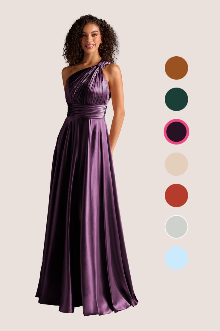 a woman in a long purple dress with different colors