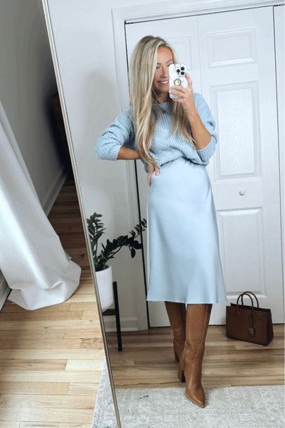 Light Blue Silk Skirt Outfit, Light Blue Dress Winter Outfit, Light Blue Satin Skirt Outfit, Light Blue Satin Skirt, Blue Satin Skirt Outfit Winter, Light Blue Sweater Dress Outfit, Light Blue Christmas Outfit, Light Blue Fall Outfits, Blue Slip Skirt Outfit