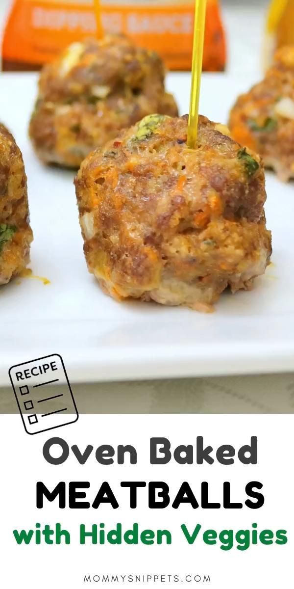 meatballs with hidden veggies in them on a white plate and text overlay reads oven baked meatballs with hidden veggies