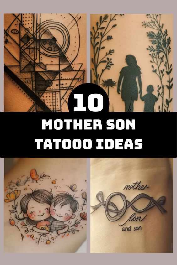 the top 10 mother son tattoo designs for men and women on their stomachs, with text overlay