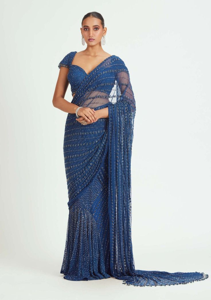 Nitika Gujral-Cobalt Blue Net Draped Sari And Blouse-INDIASPOPUP.COM Traditional Blue Pre-draped Saree For Party, Festive Blue Wedding Pre-draped Saree, Festive Blue Pre-draped Saree For Evening, Blue Zari Work Party Wear Pre-draped Saree, Blue Pre-draped Saree With Dupatta For Reception, Blue Resham Embroidery Saree For Party, Fitted Blue Saree For Party Wear, Blue Bollywood Pre-draped Saree For Evening, Blue Pre-draped Saree With Zari Work For Evening