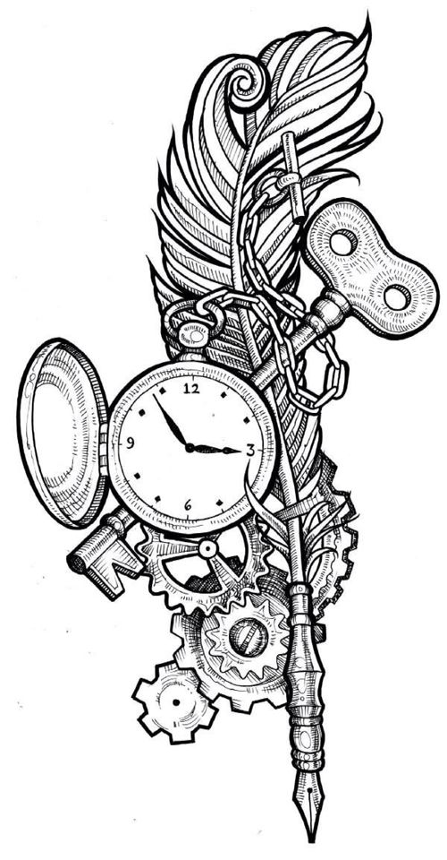 a drawing of a clock with feathers on it