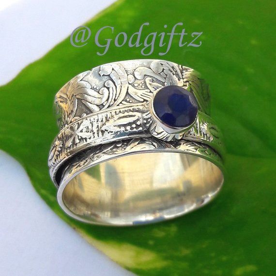 Blue Sapphire Gemstone Ring Silver Ring Silver Jewelry Handmade Ring Thumb Ring Spinner Ring Meditat Handmade Spiritual Sapphire Ring For Anniversary, Unique Blue Stackable Jewelry, Sapphire Crystal Ring Gift, Sapphire Gemstone Rings For Gift, Sapphire Gemstone Ring As Gift, Spiritual Rings With Round Stone For Gift, Spiritual Rings With Stone Setting As Gift, Adjustable Spiritual Sapphire Ring As Gift, Spiritual Round Stone Rings For Gifts