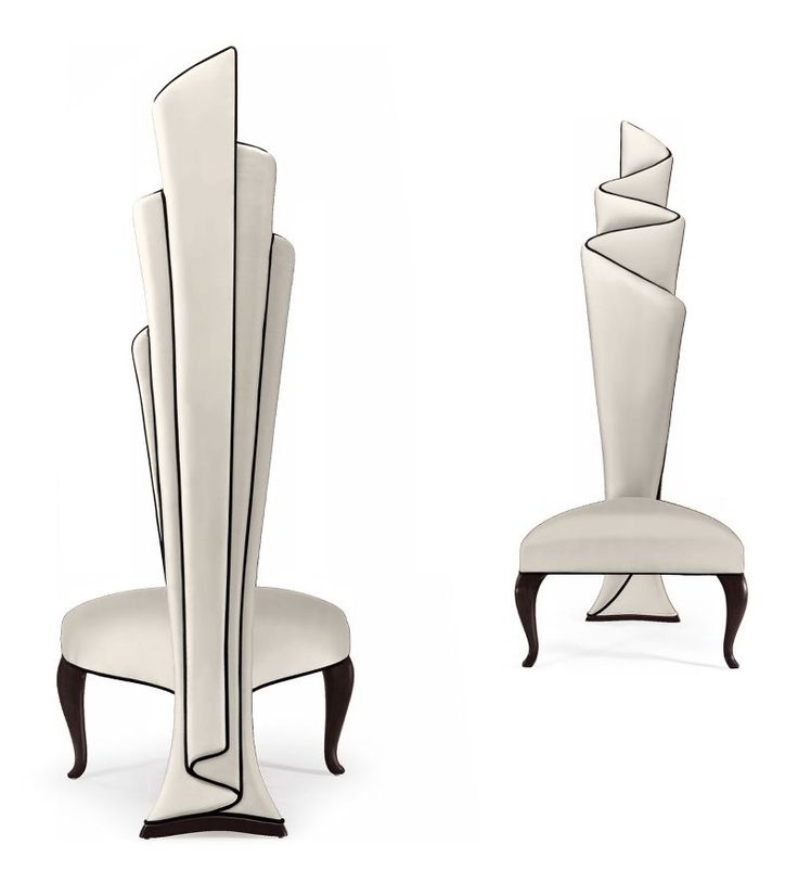 two white chairs with black trim on them and one has a curved back, the other is