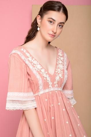 Shop for Sahil Kochhar Pink Cotton Embroidered Flared Dress for Women Online at Aza Fashions Dresses Short Pink, Sahil Kochhar, Onion Pink, Flared Dress, Layer Dress, Designer Gowns, Kids Sleepwear, Indian Design, Pink Cotton