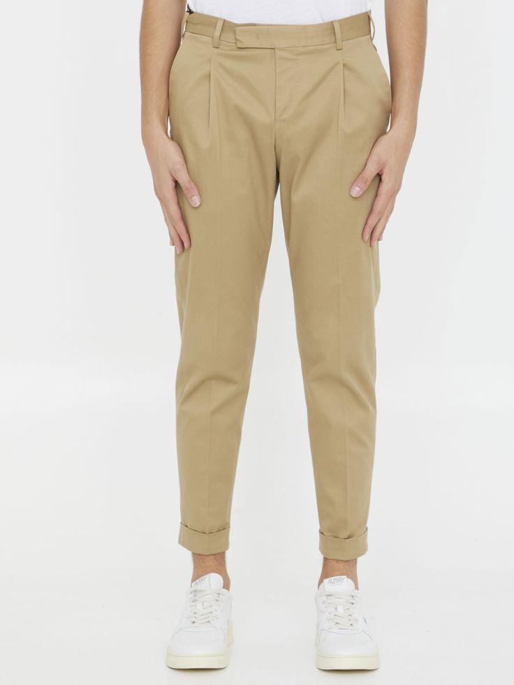 Beige cotton trousers with pleats. It features zip, button and hook-and-eye closure, two side welt pockets, two rear buttoned flap pockets and belt loops. Regular fit. The model is 184cm tall and wears size IT 48. Size nationality: IT  Product number: 38355643  Product code: CORSZAZ40FWDNU640020  Composition: 98% COTTON, 2% ELASTANE Platform Wedge Heels, Loafer Sneakers, Premium Brands, Dress Pant, Gorgeous Bags, Cardigan Jacket, Clothes Collection, Flap Pocket, Welt Pocket