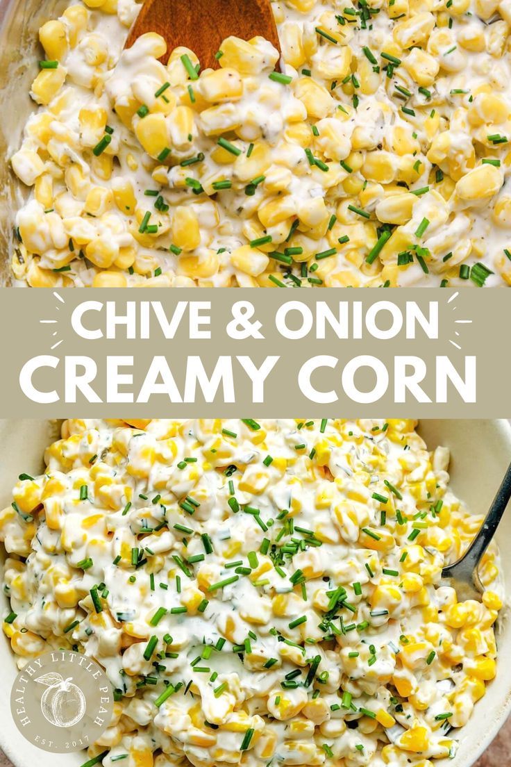 an overhead shot of a bowl of cream cheese corn dip made with frozen corn and chive and onion cream cheese. Cream Cheese Corn Dip, Cheese Corn Dip, Chive And Onion Cream Cheese, Corn Cream, Cream Cheese Corn, Chives Recipe, Dairy Free Dips, Fresh Herb Recipes, Corn Side Dish