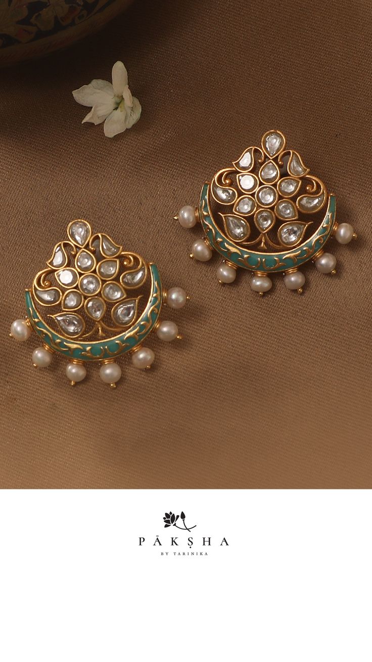 paksha sarit enamel jadau silver earring studs Silver Jadau Jewellery, Fusion Style Chandbali Pearl Earrings With Meenakari, Fusion Style Kundan Pearl Earrings With Meenakari, Waning Crescent, Jadau Jewellery, Gold Ring Designs, Kundan Earrings, Gold Jewellery Design Necklaces, Earring Studs