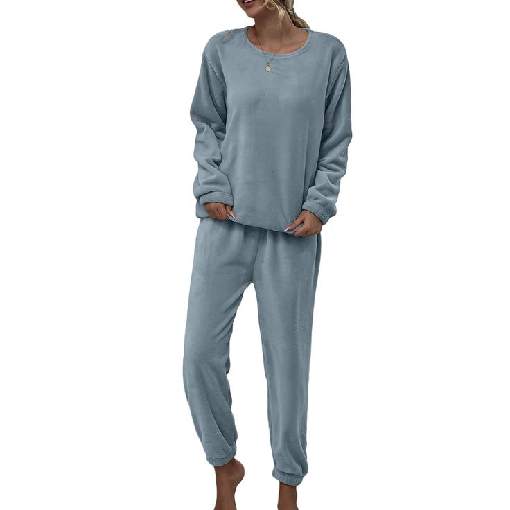 Light Blue Plush Loungewear 2pcs Pajama Set Comfy Blue Sleepwear For Lounging, Comfortable Blue Lounging Set, Blue Relaxed Fit Sleep Sets, Cozy Blue Loungewear Set, Blue Long Sleeve Loungewear Set, Blue Long Sleeve Sets For Relaxation, Light Blue Relaxed Fit Sleepwear For Loungewear, Relaxed Fit Light Blue Sleepwear For Loungewear, Solid Color Plain Loungewear Sets