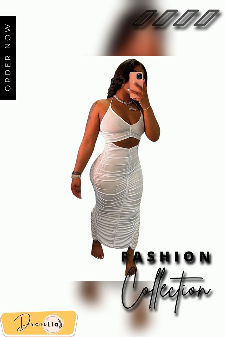 Ruched Halter Backless Cut Out Bodycon Sexy Dress Ruched Bodycon Dress For The Beach, Chic Ruched Bodycon Dress For The Beach, Backless Ruched Bodycon Dress For Club, Ruched Backless Bodycon Dress For Club, Elegant Ruched Bodycon Dress For Beach, Backless Bodycon Ruched Midi Dress, Club Bodycon Dress With Cutout And Backless Design, Backless Ruched Bodycon Club Dress, V-neck Bodycon Backless Dress For Club