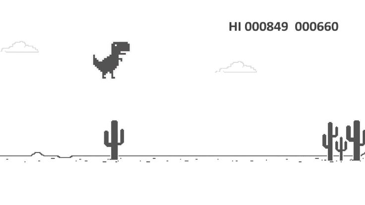 a pixelated image of a dinosaur running in the desert with cacti and cactus trees