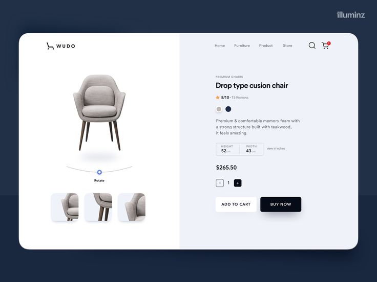 an image of a website page with furniture items on the front and back pages, including a chair