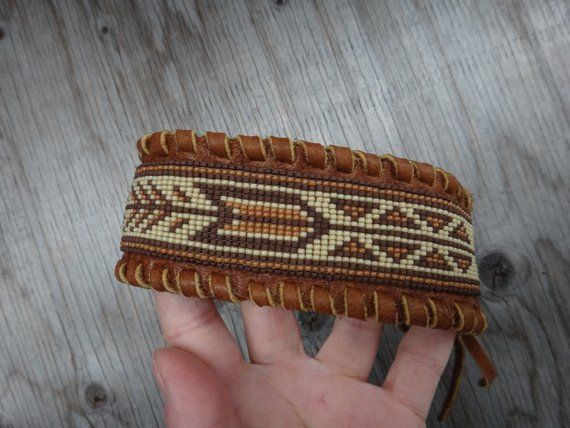 Native American men cuff beaded bracelet. American Indian. Southwestern Hand-tooled Brown Bracelets, Southwestern Hand Tooled Brown Cuff Bracelet, Southwestern Style Brown Bracelets As Gift, Southwestern Style Brown Bracelets Gift, Southwestern Style Brown Bracelets For Gift, Southwestern Style Brown Bracelet Gift, Brown Leather Beaded Bracelets For Festival, Handmade Leather Beaded Bracelets For Festivals, Handmade Southwestern Brown Leather Bracelet