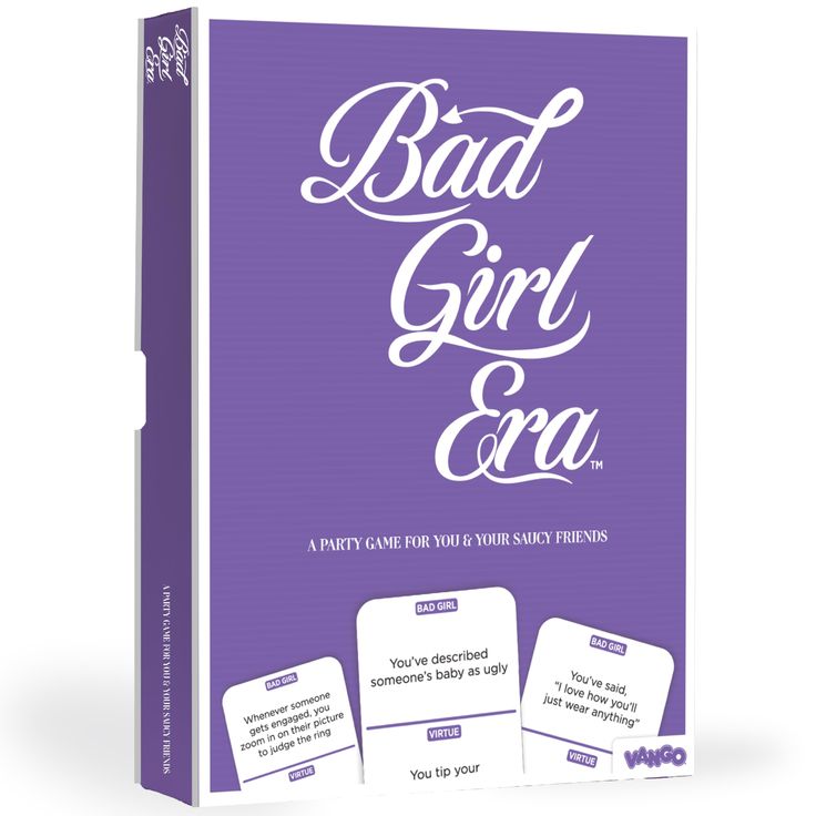 the bad girl era card game is shown in front of a purple background with white lettering