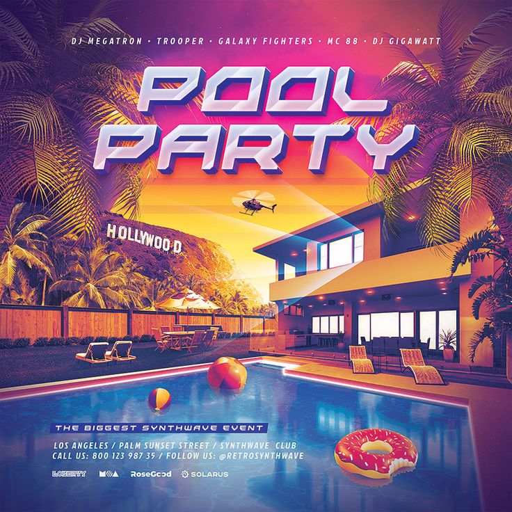 a pool party flyer with an image of a swimming pool and palm trees in the background