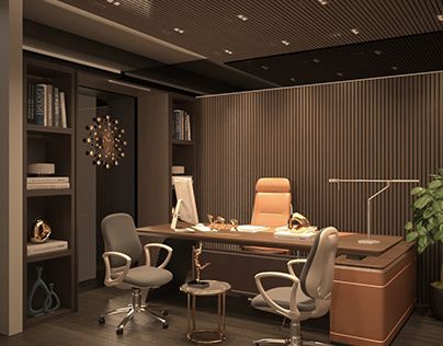 an office with two chairs and a desk in the middle is lit up by lights