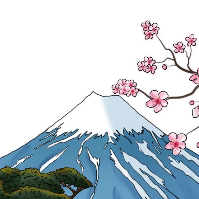 a drawing of a mountain with pink flowers in the foreground and a tree on the far side