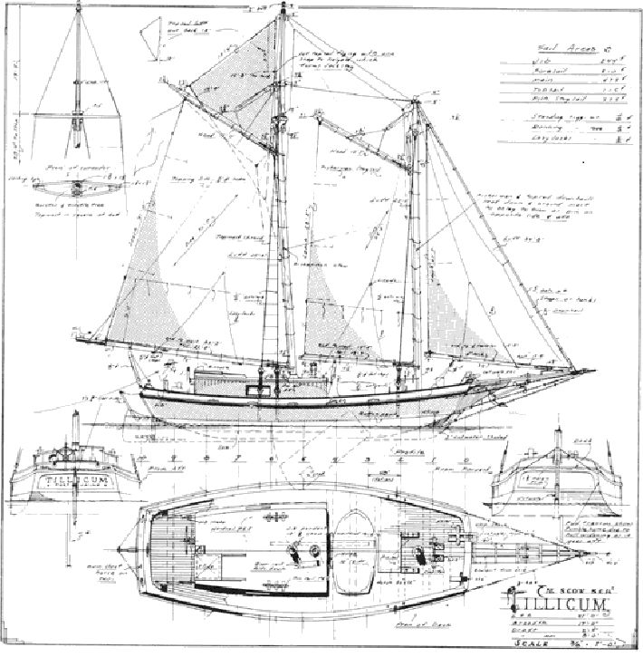 a drawing of a sailboat with blueprints on the front and back sides