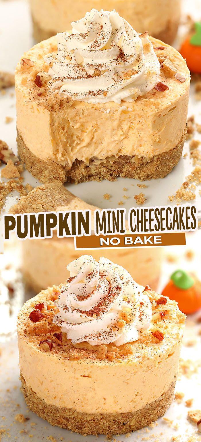 pumpkin cheesecakes are topped with whipped cream and sprinkled with candies