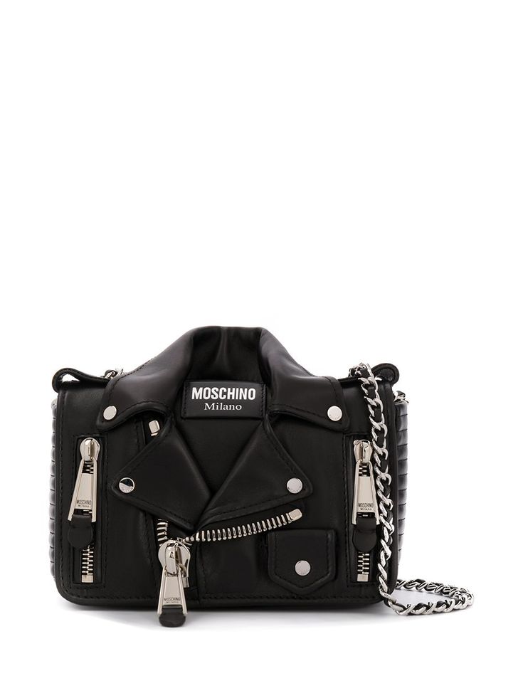 Black sheepskin small Biker shoulder bag from MOSCHINO featuring silver-tone hardware, leather and chain-link shoulder strap, logo patch to the front, foldover top with magnetic fastening, internal slip pocket and Biker jacket design. Moschino Biker Bag, Moschino Handbags, Cross Purses, Moschino Bags, Edgy Bags, Moschino Bag, Skull Bags, Silver Bags, Biker Chic