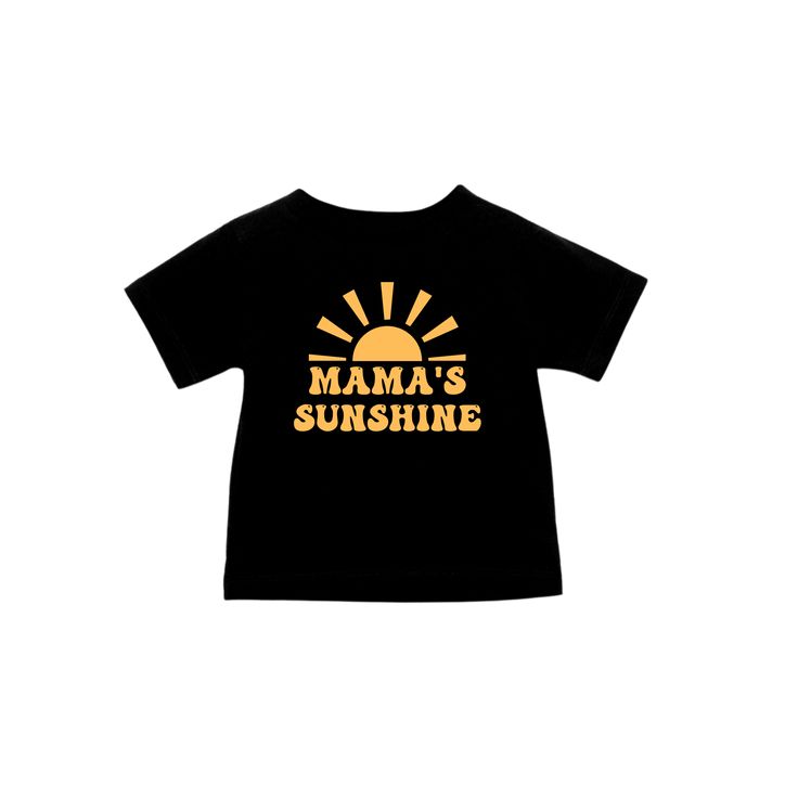 Mama's Sunshine Tee 100% Cotton Summer Cotton T-shirt With Logo Print, Cotton T-shirt With Logo Print For Summer, Black T-shirt With Front Print For Summer, Summer Cotton Shirt With Logo Print, Cotton Summer Top With Logo Print, Cute Black Short Sleeve T-shirt, Summer Relaxed Fit Shirt With Logo Print, Black Tops With Front Print For Summer, Black Summer Top With Front Print