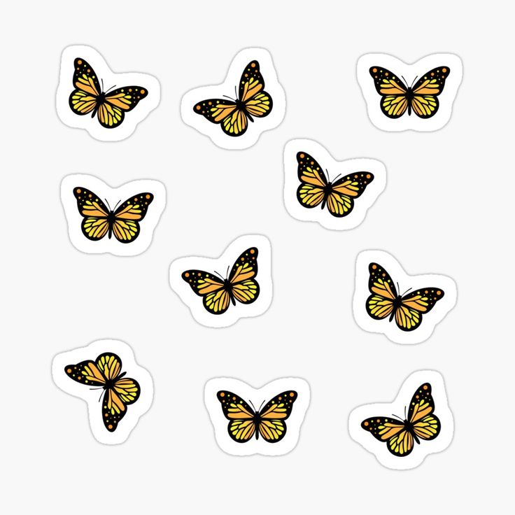 six yellow butterflies stickers on a white background, each with different shapes and sizes