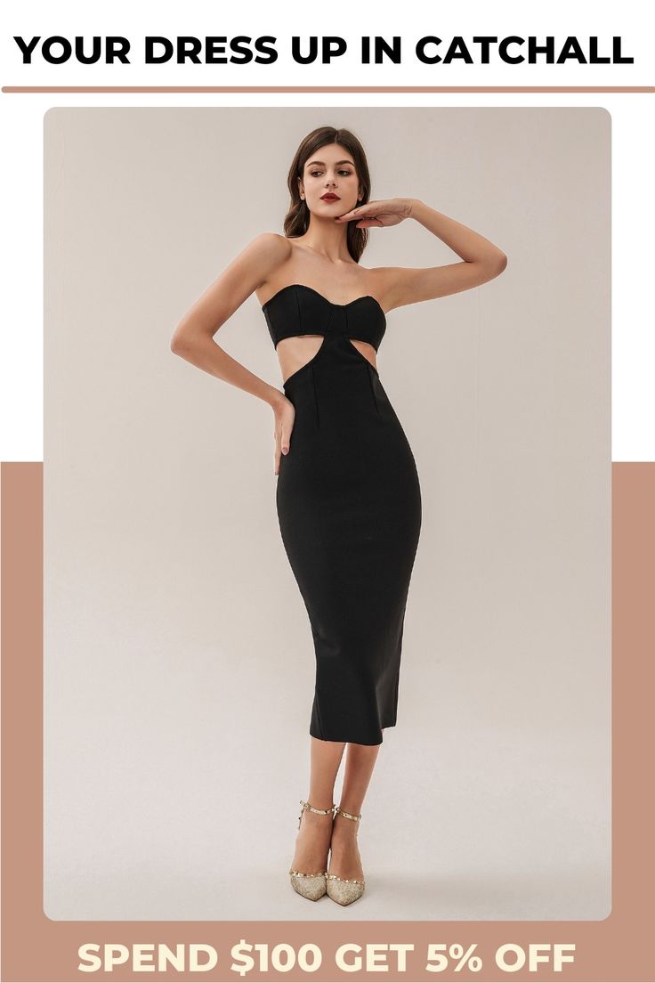 In need of a dress for a party? Lucille Black Bodycon Dress can solve your worries. Made of stretch fabric, the skirt falls to ankle length. The hollow design of the tube top fits the body shape and adds sexiness. You only need to simply match it with a pair of high heels to complete the entire fashion look. --Dress Length: Approx 107cm --Materials: Spandex Model is 5 ft 74 and wears size S Chic Bodycon Dress With Cut-out Waist For Date Night, Bandeau Maxi Dress For Night Out, Chic Midi Dress With Cut-out Waist For Date Night, Bodycon Strapless Midi Dress For Party, Chic Stretch Bodycon Dress For Gala, Stretch Midi Dress With Sweetheart Neckline For Evening, Elegant Bandeau Bodycon Dress, Chic Bandeau Bodycon Midi Dress, Chic Strapless Bodycon Maxi Dress