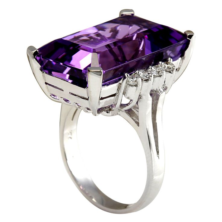 20.85 Carat Natural Amethyst 14K White Gold Diamond Ring | Fashion Strada Luxury Emerald-cut Amethyst Ring For Formal Events, Luxury Emerald Cut Amethyst Ring For Formal Occasions, Luxury Purple Diamond Ring For Formal Occasions, Classic Formal Gemstones With Diamond Accents, Formal Purple Brilliant Cut Gemstones, Luxury Amethyst Diamond Ring For Formal Occasions, Luxury Amethyst Ring With Diamond Accents For Anniversary, Octagon Sapphire Ring For Formal Events, Octagon Sapphire Ring For Formal Occasions