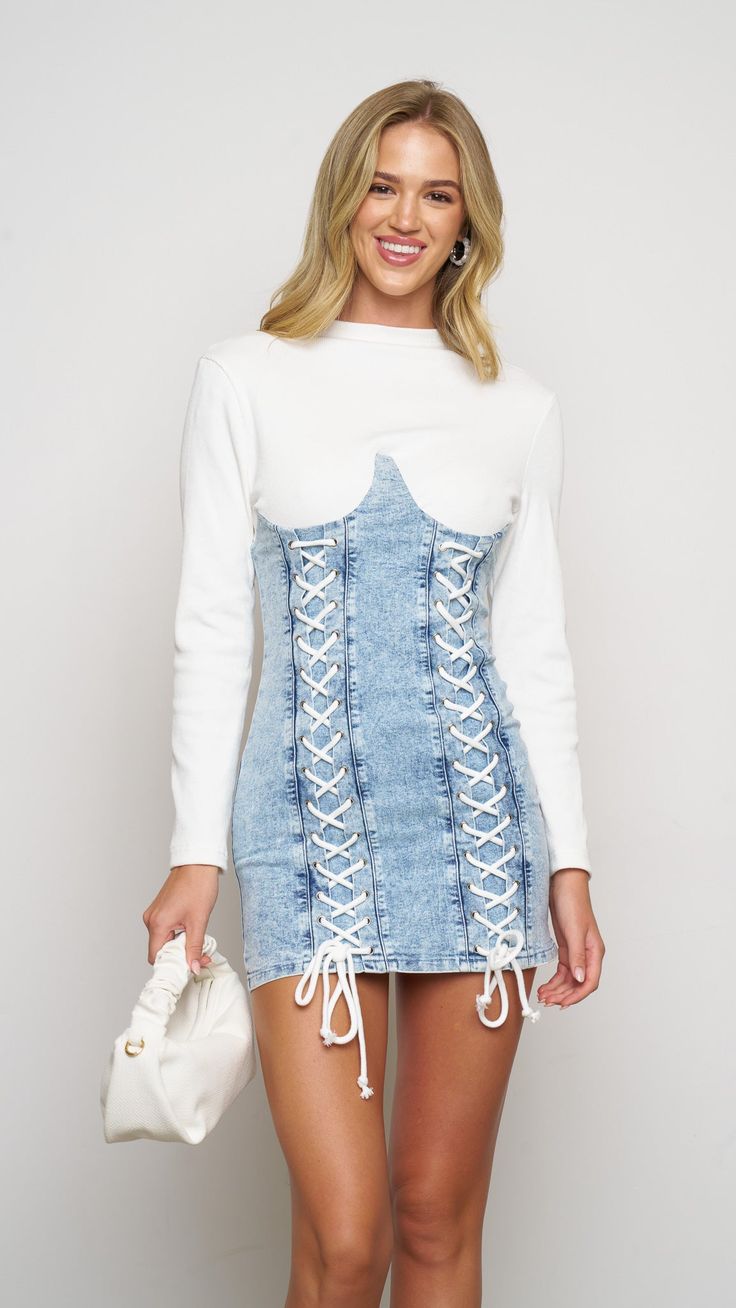 Product Details : Denim Knit White Mini Dress Longsleeve Corset Style Dress High Neckline 83114 Z-1 Corset Style Dress, Corset Style Dresses, White Dress Top, Jumpsuit And Blazer, Denim Corset, Usa Outfit, Corset Style, Floral Dress Black, Business Outfits