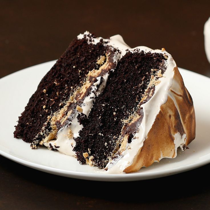 a slice of chocolate cake on a white plate