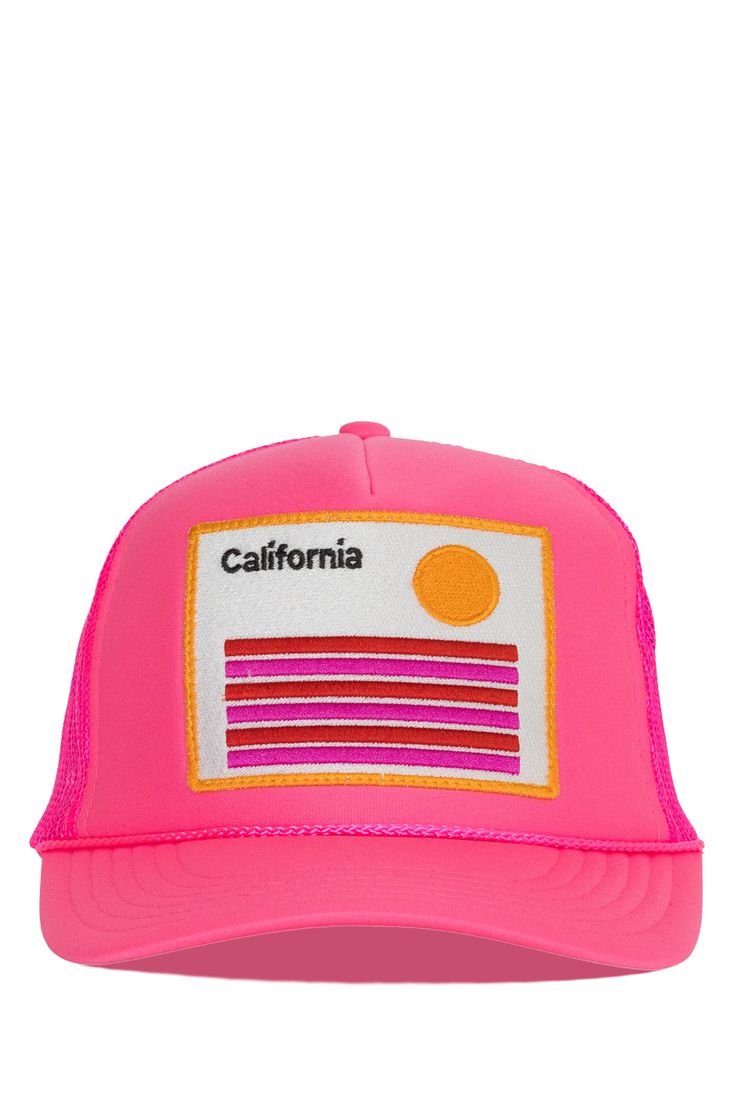 a pink trucker hat with the word california on it and an orange sun in the background