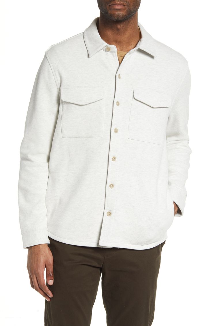 A soft interior adds extra warmth to this cotton-blend shirt-jacket that's hefty enough to wear as a layer yet still light enough to stand on its own. 28" Length (Size M) Spread collar Long sleeves with button cuffs 86% cotton, 14% polyester Machine wash, tumble dry Imported Relaxed Fit Shirt For Winter Layering, Winter Layering Shirt With Relaxed Fit, Everyday Long Sleeve Shacket With Welt Pockets, Long Sleeve Shacket For Spring Casual Gatherings, Everyday Long Sleeve Winter White Outerwear, Winter White Long Sleeve Everyday Outerwear, Winter White Everyday Long Sleeve Outerwear, Everyday Winter White Long Sleeve Outerwear, Beige Unstructured Long Sleeve Outerwear