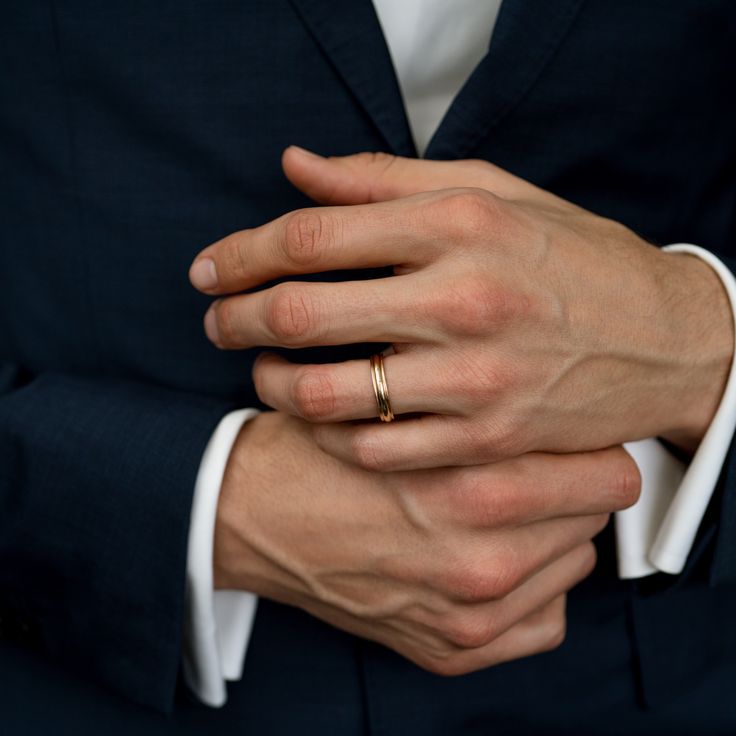 a man in a suit with his hands on his chest and wearing a wedding ring