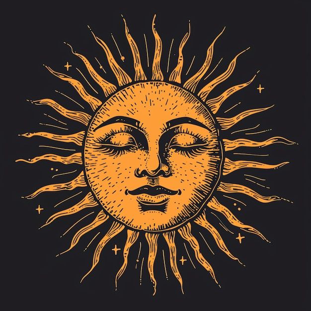 the sun with its eyes closed in front of it's face, on a black background