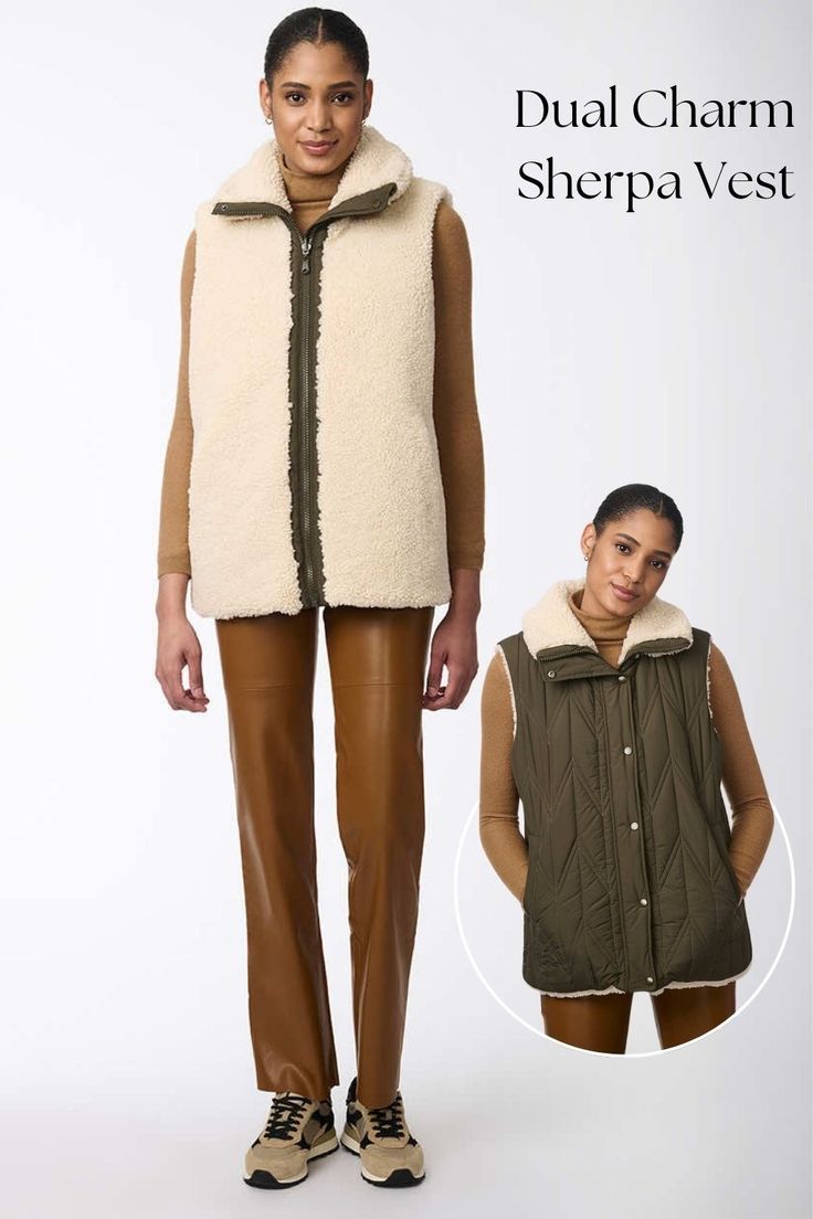 Get 2 looks in 1 this fall with our Dual Charm Sherpa Vest. With its reversible design that features chevron stitching on one side and plush sherpa on the other, you can opt for a classic look or something a bit edgier. #bernardo #sherpavestoutfit #falloutfits Sherpa Vest Outfit, Chevron Stitch, Sherpa Vest, Vest For Women, Trends 2024, 2024 Fashion, Fall 2024, Fall Trends, Classic Looks