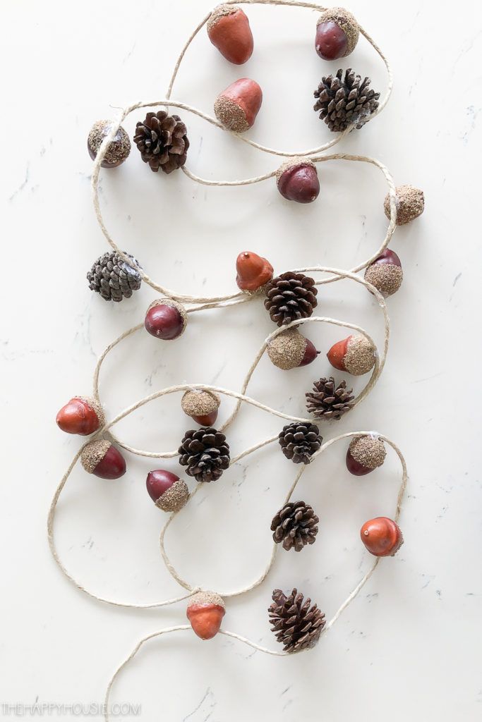 pine cones and acorns are strung together with twine on a white surface