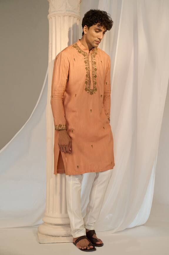 Orange kurta with floral embroidered placket, cuff and scattered buttis. Comes with contrasting pyjama pant. - Aza Fashions Handloom Kurta, Kurta Pant Set, Diana Penty, Eid Party, Boys Kurta, Sara Ali Khan, Luxury Sale, Pajama Pant, Kurta With Pants