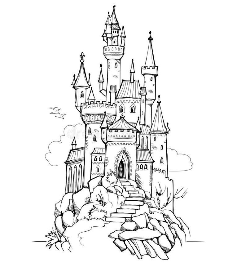 a drawing of a castle with stairs leading up to it