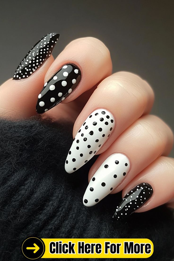 #DotNailArt #NailDesigns #NailInspiration #PolkaDotNails #MinimalistNails #NailTrends #ManicureIdeas #NailGoals #NailArtLover #CreativeNails #FunNails #PlayfulNails 💅🎨 Almond Nails Polka Dots, Polkadot Nailart, Black Polka Dot Nails, Matte Polka Dot Nails, Black And White Nails Polka Dots, Bold Nail Designs, Black Nails Polka Dots, Polka Dot Nail Art Designs, Unique Acrylic Nail Designs